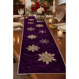 Rachel Ashwell Purple Velvet Snowflake Table Runner Gold Embroidery Holiday